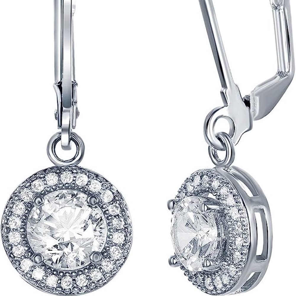 18k White Gold Plated Round Cut Halo Drop Dangle Earrings, Silver